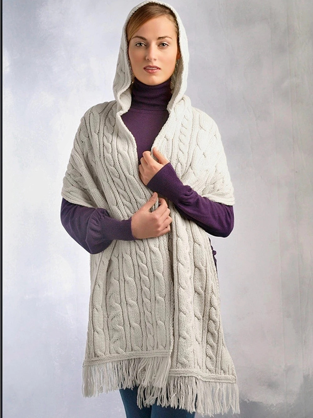 ARAN SWEATER MARKET Hooded Scarf Shawl Ivory Merino Wool Cable Knit Ireland